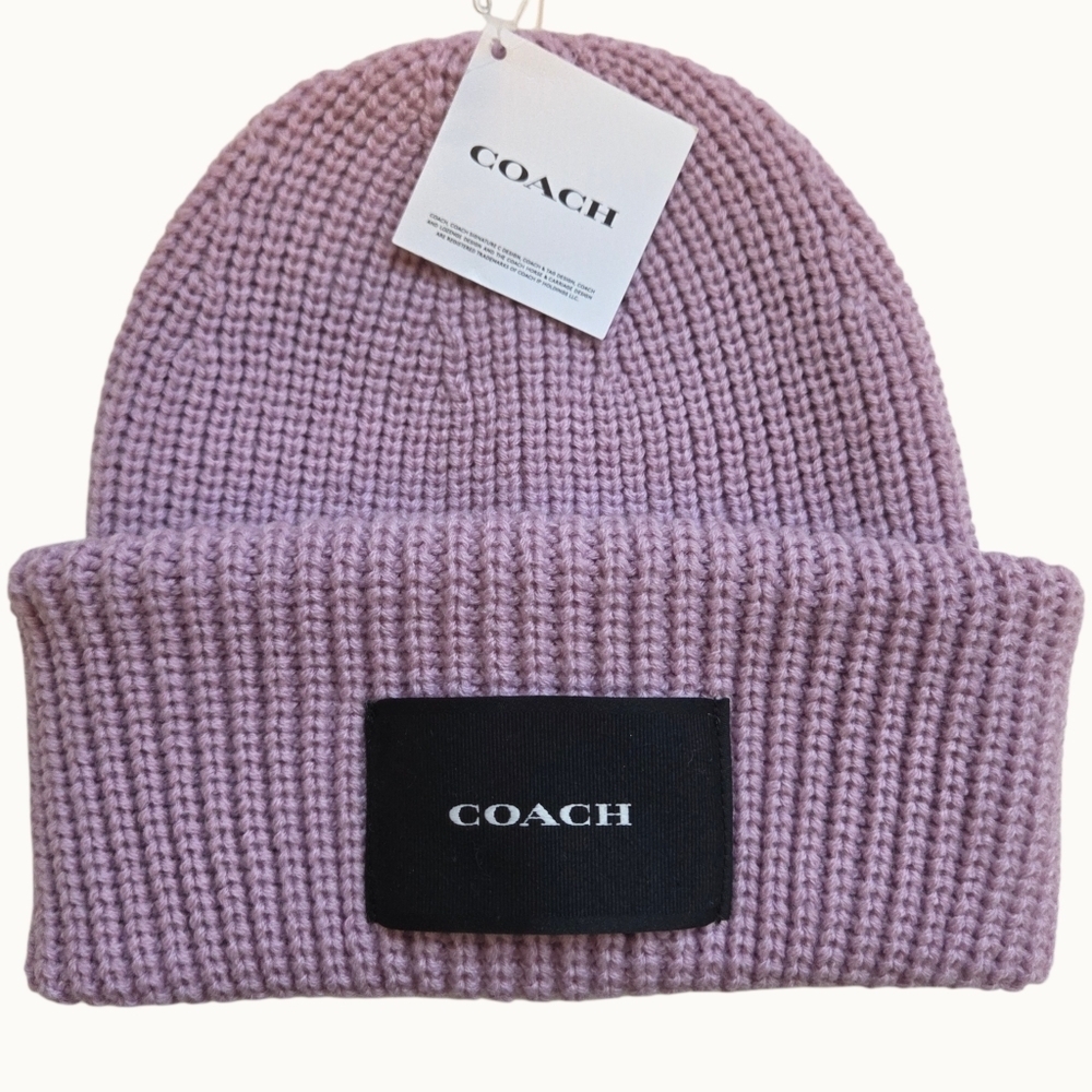 NWT Coach Faded Pink Ribbed Knit Beanie with Woven Logo Patch